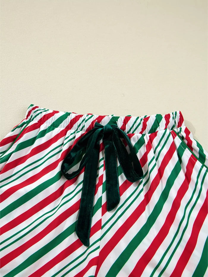 Stripe Contrast Velvet Ribbon Knot Christmas 2pcs Pajama Set