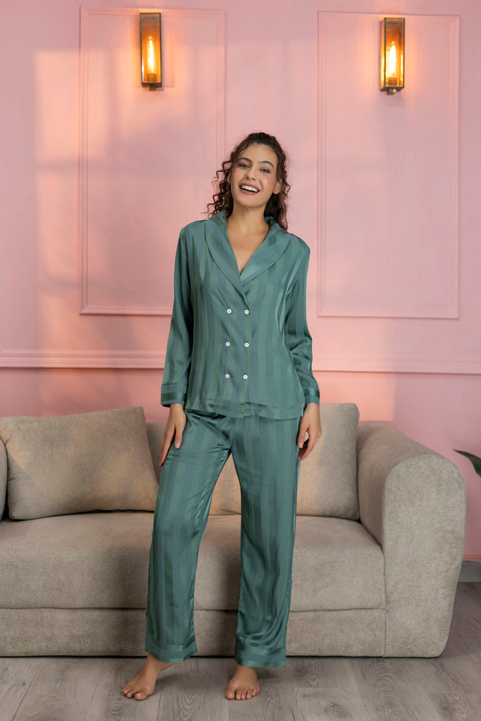 Striped Teal Green Satin Shirt & Pajama Set