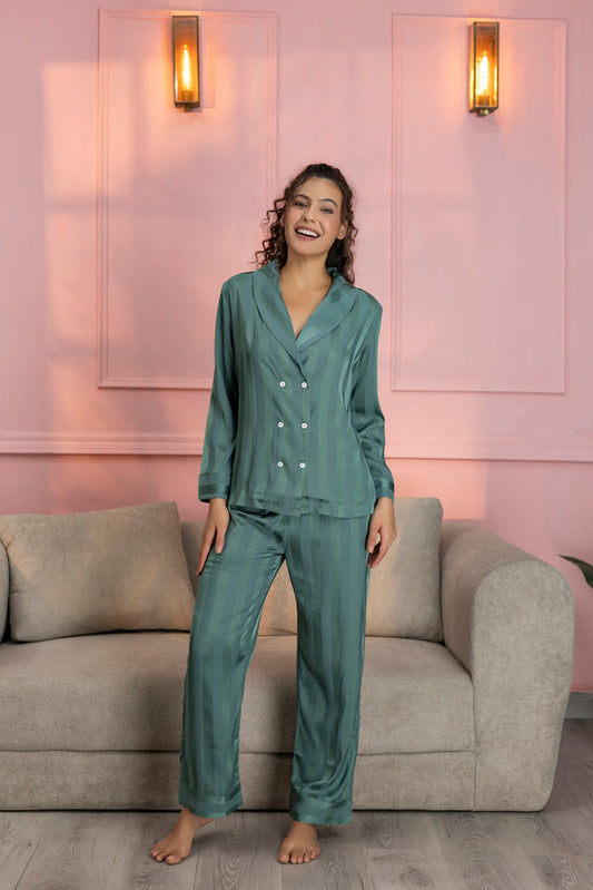 Striped Teal Green Satin Shirt & Pajama Set