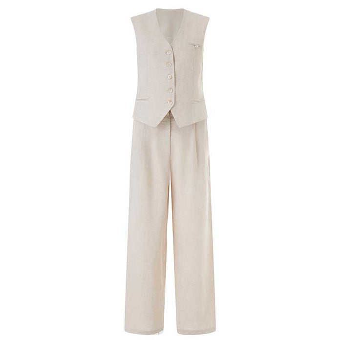 Stylish women's vest pantsuit set in beige featuring a tailored vest and wide-leg trousers