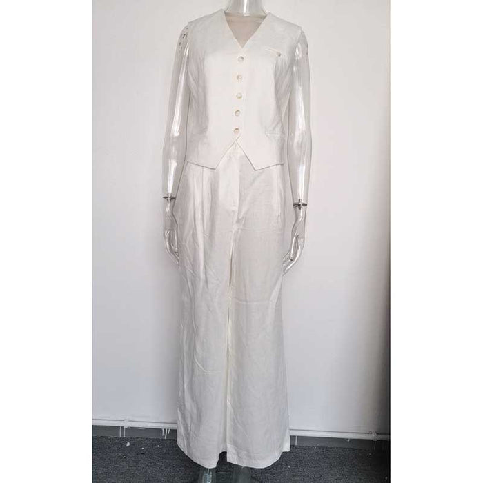 Elegant white women's vest pantsuit set with a sleek design and classic button details
