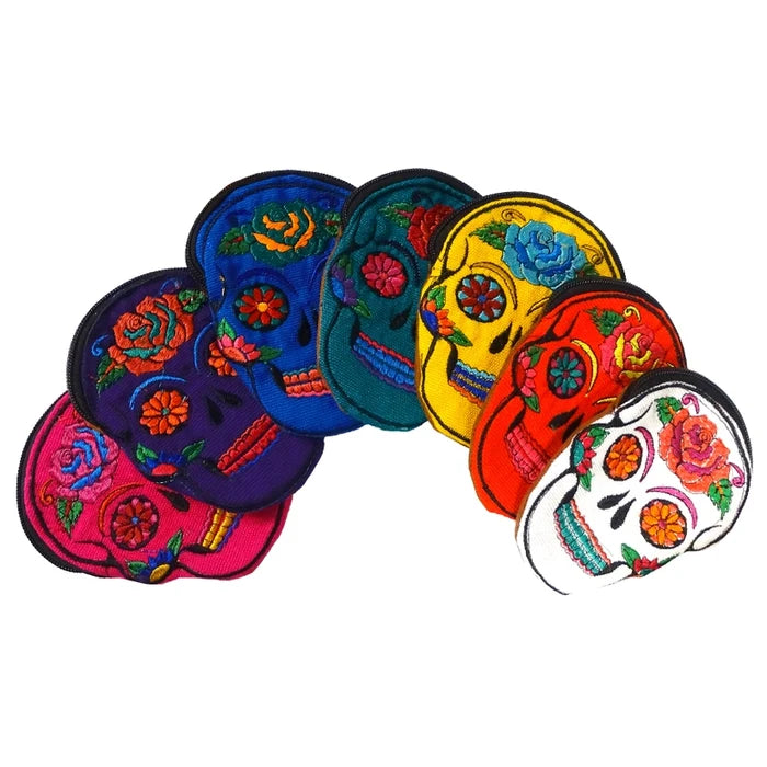 Sugar Skull Face Embroidered Floral Suede Coin Purse