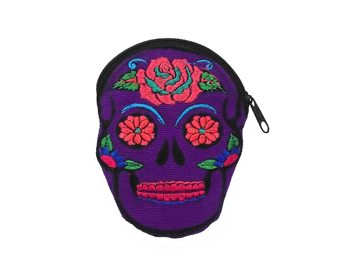 Sugar Skull Face Embroidered Floral Suede Coin Purse