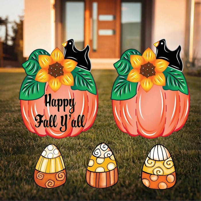Sunflower Pumpkin Patch Sign Set | Fall Garden Decor Gift for Women, Happy Fall Y’all Yard Signs, Outdoor Candy Corn Stakes for Mom