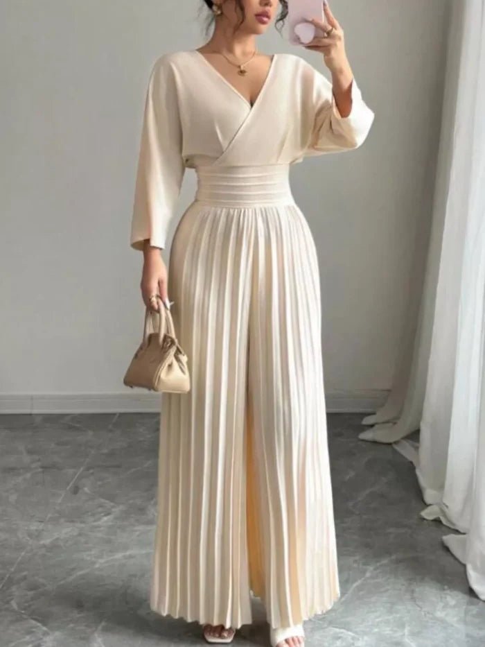 Surplice Pleated Wide Leg Jumpsuit