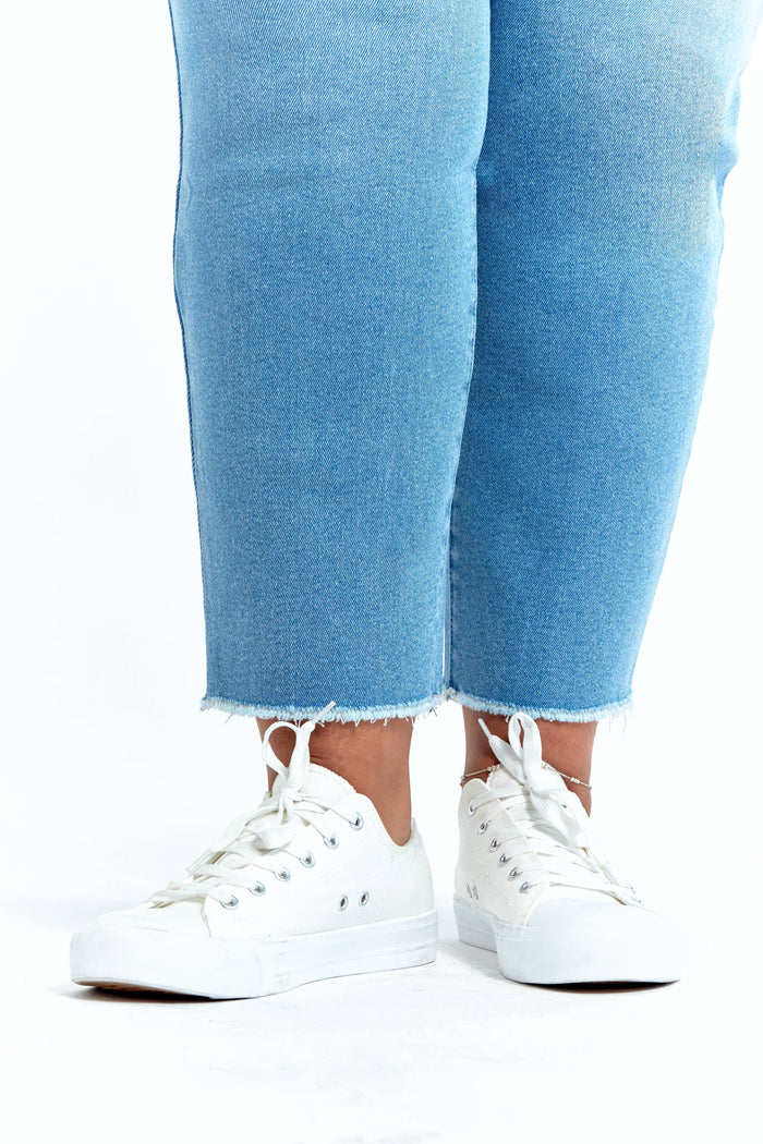 Sustainable Denim Straight Leg Distressed Jean
