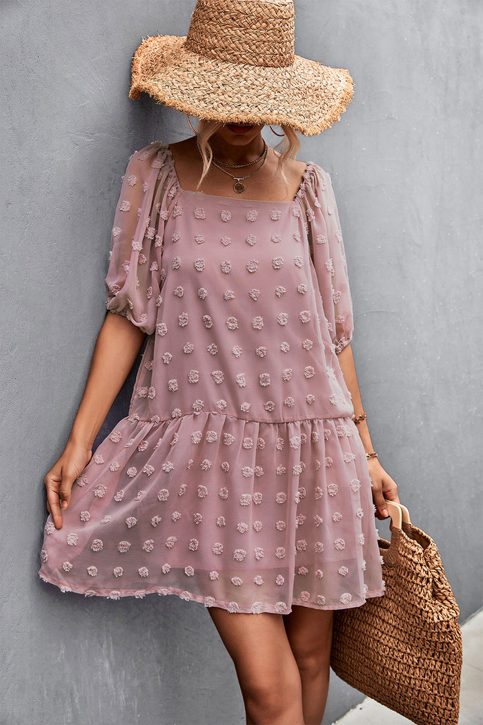 Swiss Dot Square Neck Half Balloon Sleeve Dress