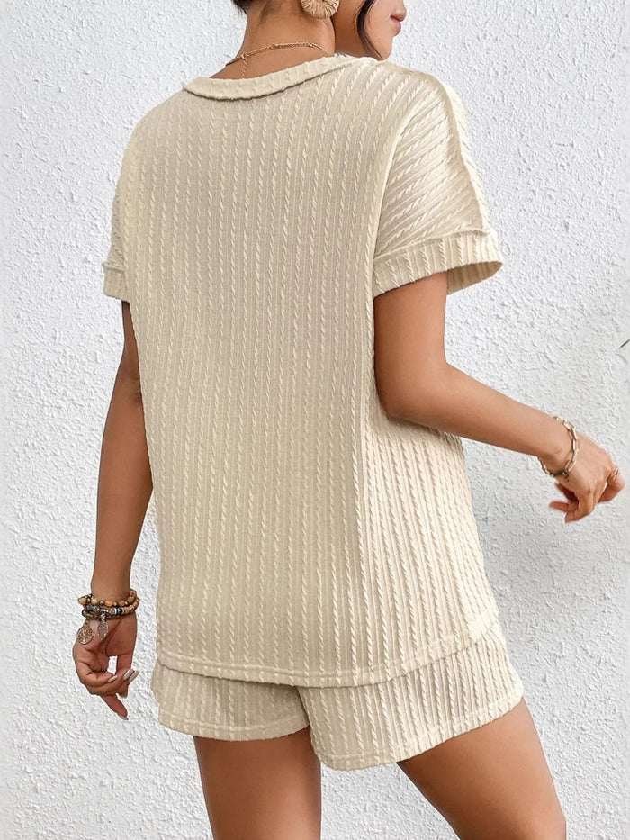 Texture Round Neck Top and Shorts Lounge Set