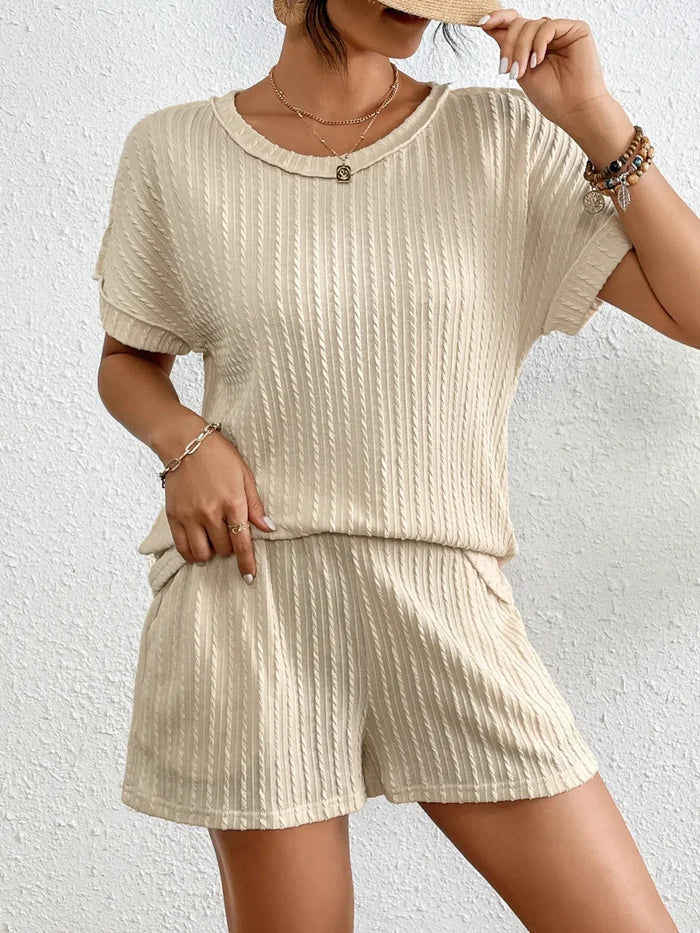 Texture Round Neck Top and Shorts Lounge Set