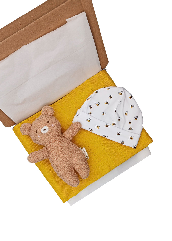 The Bear and The Bees Gift Box - Hat, Muslin, Rattle Little Mouse Baby Clothing and Gifts Ltd