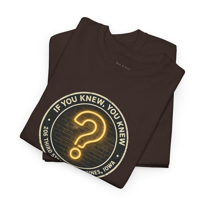Vintage LGBTQ nightlife shirt featuring neon question mark and Court Avenue history