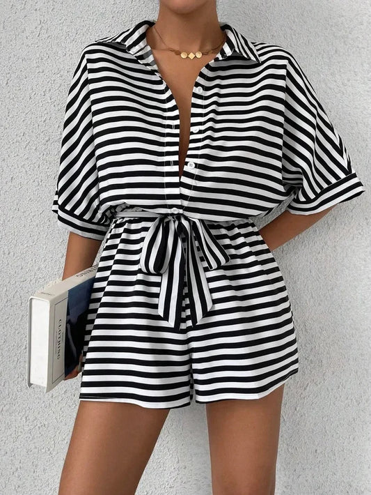 Tie Waist Half Button Striped Romper