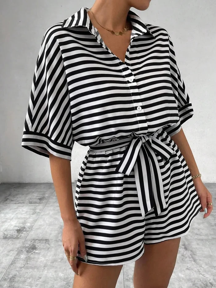 Tie Waist Half Button Striped Romper