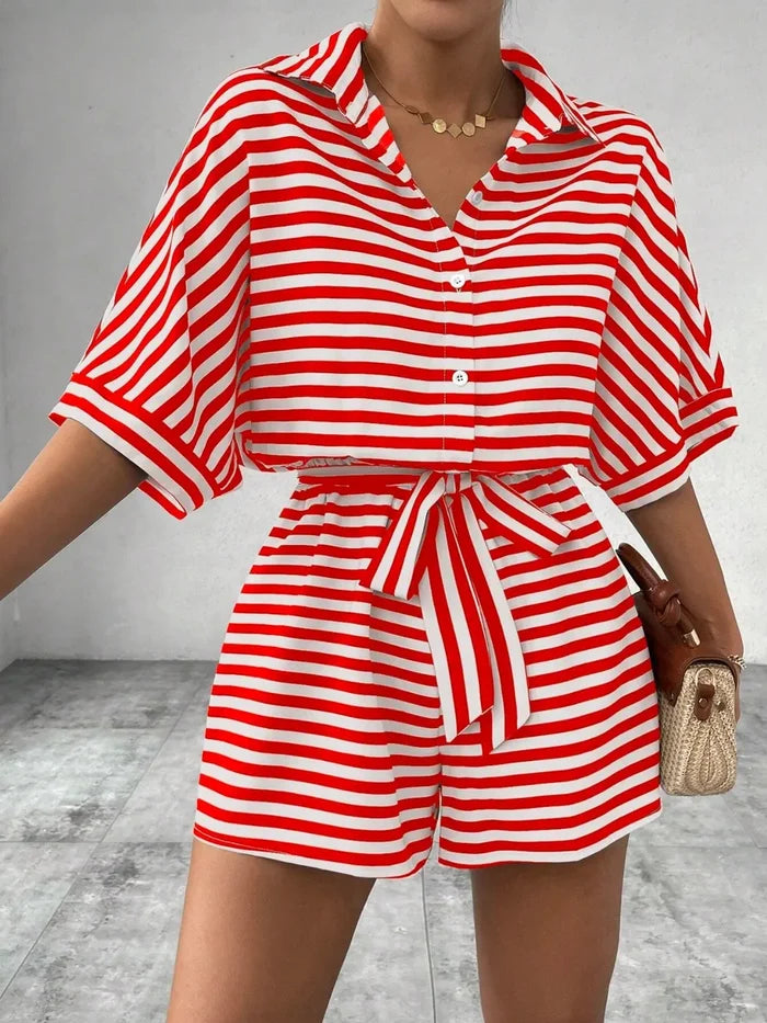 Tie Waist Half Button Striped Romper