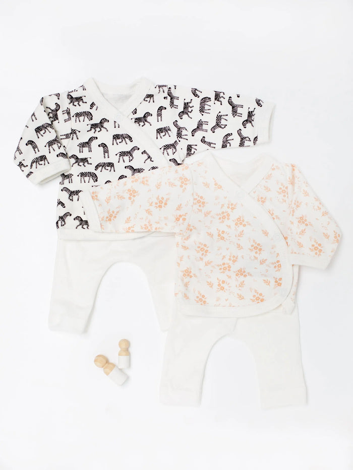 Twin Bundle - 2 piece sets in Little Zebras & Apricot Floral Print, Organic Cotton Set/Multipack Tiny & Small