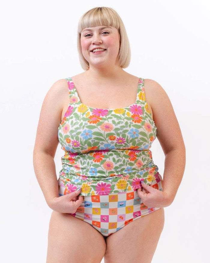 Ultra High-Waist Swim Bottom in Reversible Breezy Floral & Check