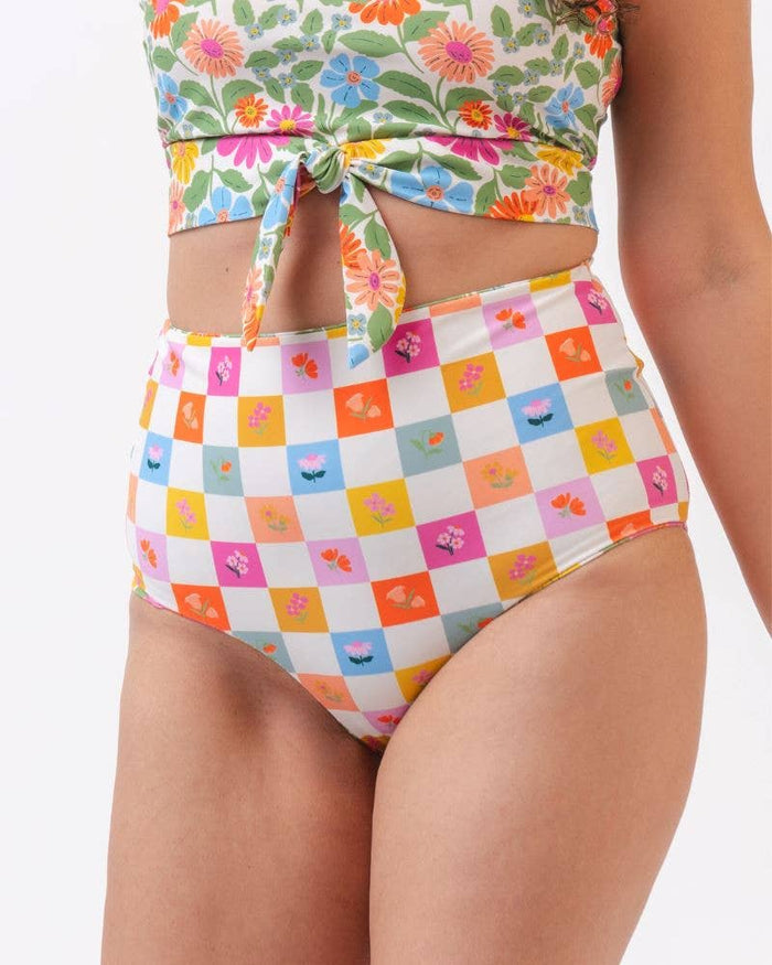 Ultra High-Waist Swim Bottom in Reversible Breezy Floral & Check