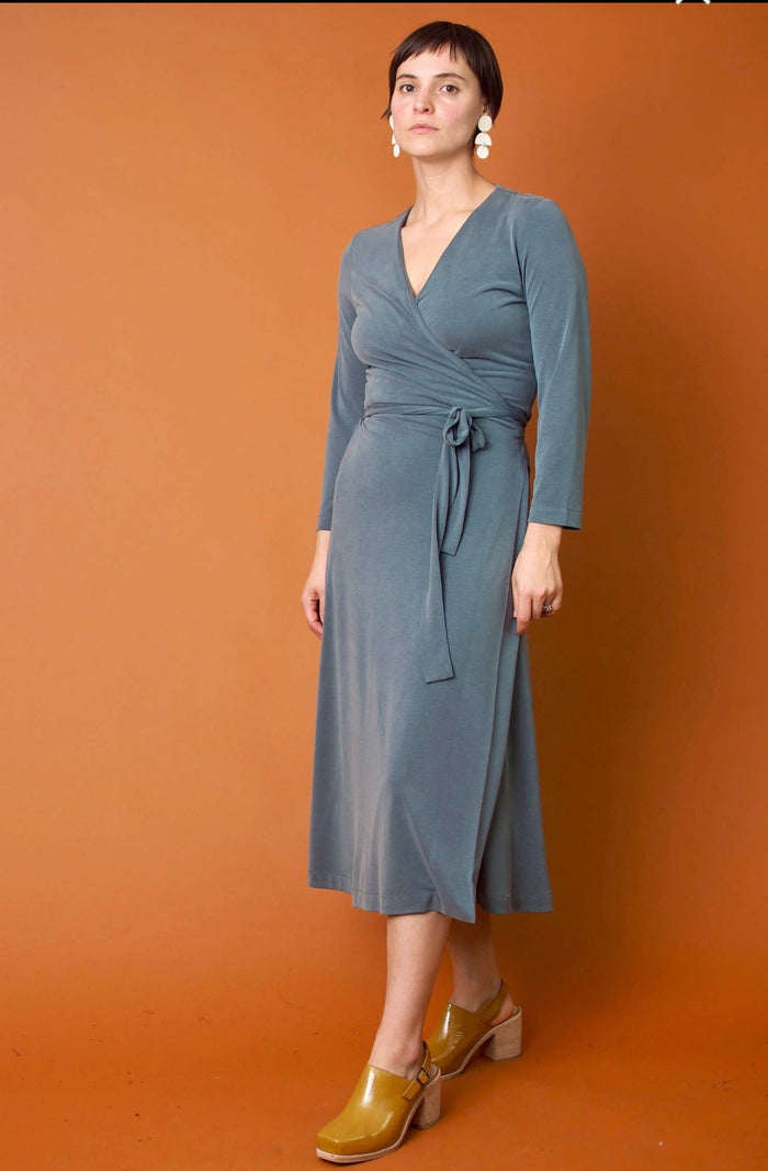 Una 3/4 Sleeve Wrap Dress in Lagoon - Laluxe Femme