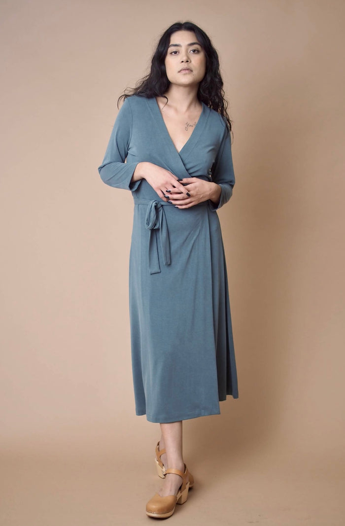 Una 3/4 Sleeve Wrap Dress in Lagoon - Laluxe Femme