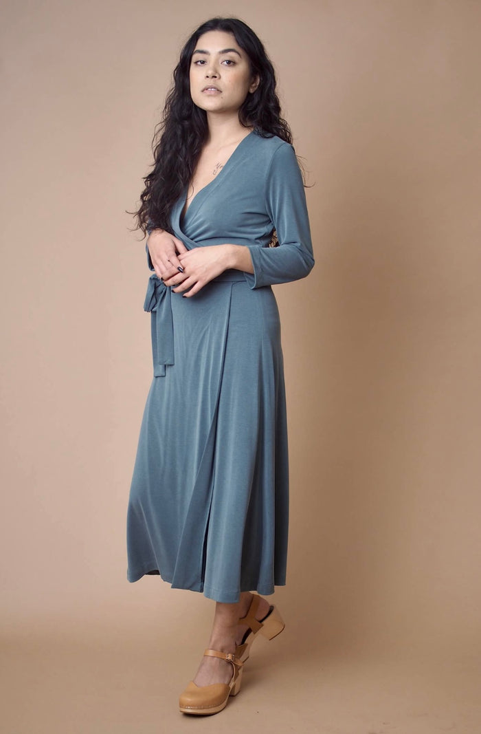 Una 3/4 Sleeve Wrap Dress in Lagoon - Laluxe Femme