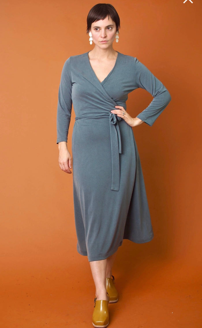 Una 3/4 Sleeve Wrap Dress in Lagoon - Laluxe Femme