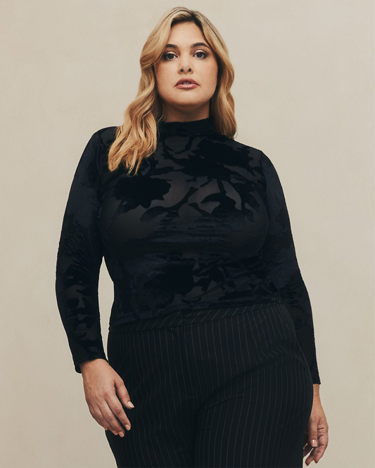 Velvet Mesh Mock Neck Top