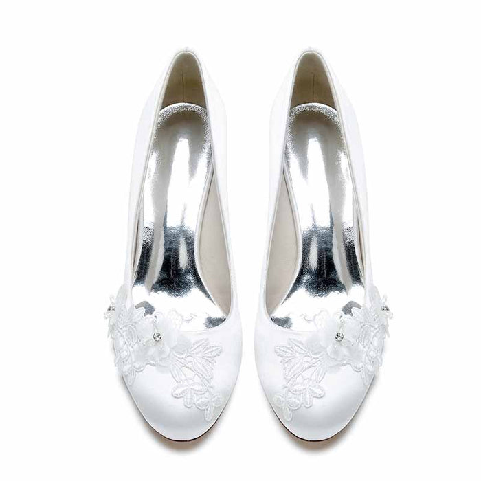 S&DCo. elegant white wedding shoes for bride low heel with floral embroidery detail
