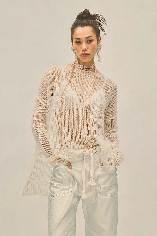 Free People Wednesday Cashmere Pullover in Whey - Laluxe Femme