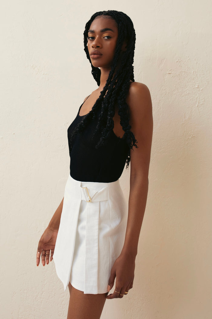 White Linen Faux Wrap Skirt