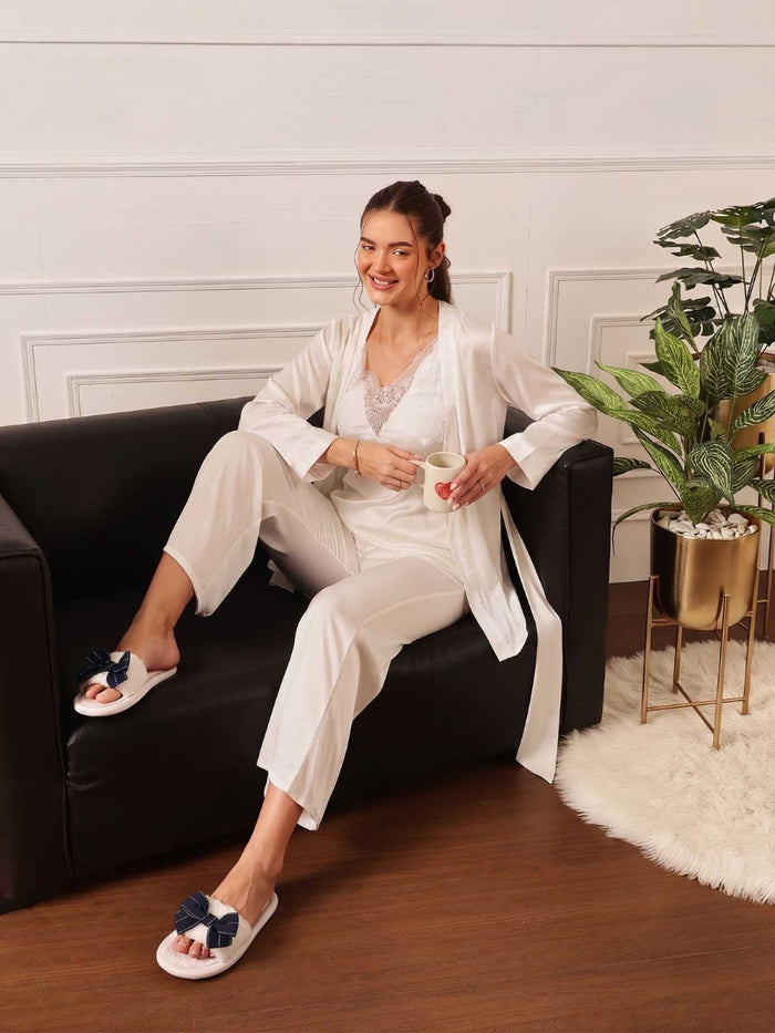 White Satin Cami, Pyjama & Robe Set -Pack Of 3