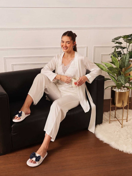 White Satin Cami, Pyjama & Robe Set -Pack Of 3