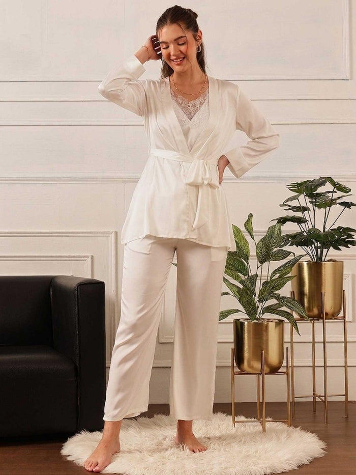 White Satin Cami, Pyjama & Robe Set -Pack Of 3