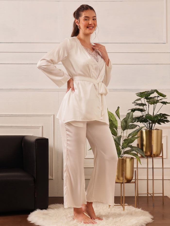 White Satin Cami, Pyjama & Robe Set -Pack Of 3