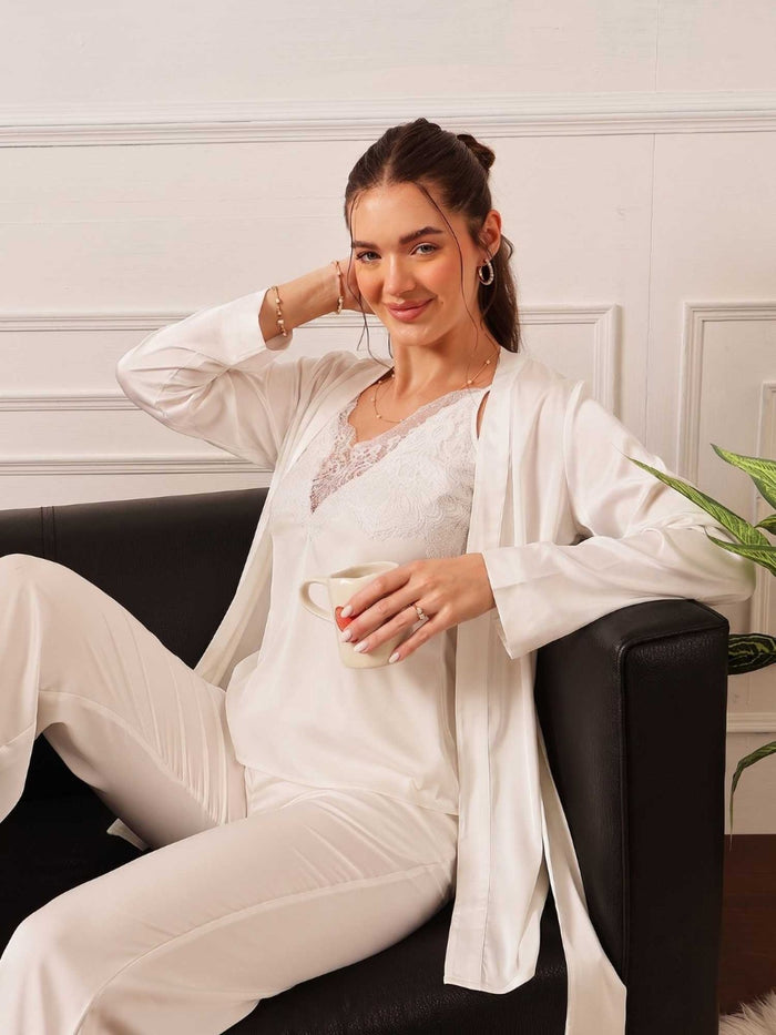 White Satin Cami, Pyjama & Robe Set -Pack Of 3