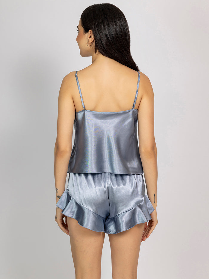 Women Grey Solid Satin Camisole & Shorts Set