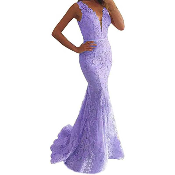 Women Lace Bridesmaid Dress V-Neck Mermaid Long Evening Dress Wedding Ball Gown