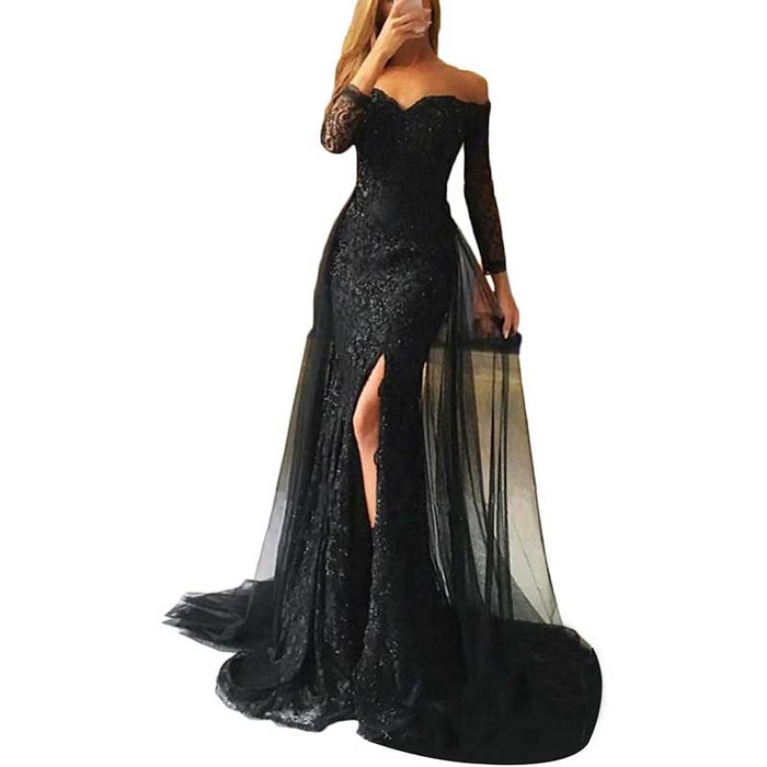 Women Lace Prom Gowns Mermaid Evening Formal Dress Wedding Ball Gowns With Sleeves