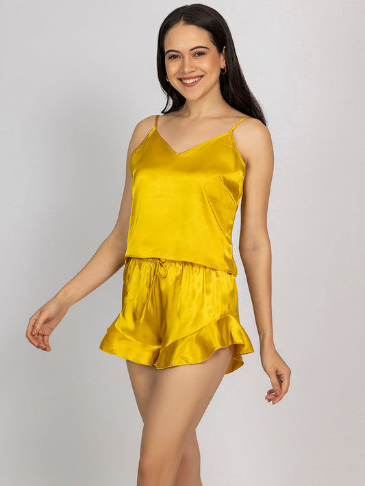 Women Mustard Yellow Solid Satin Camisole & Shorts Set
