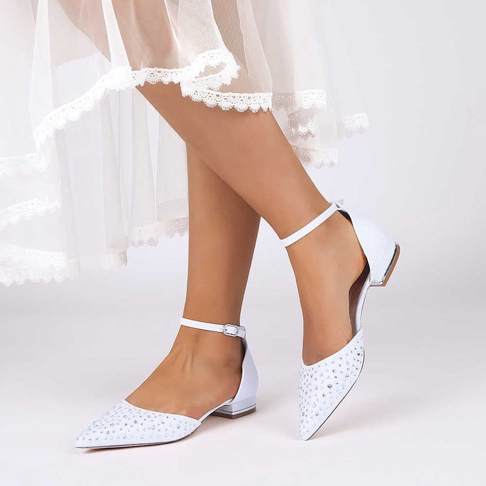 Women Satin Flat Shoes Rhinestones Ballet Flats Sparkle Wedding Shoes