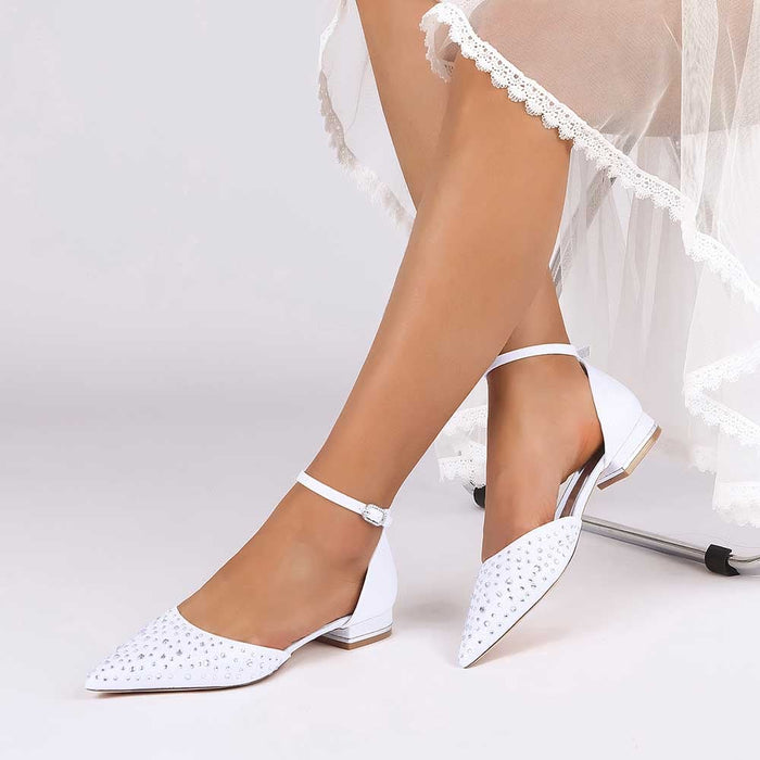 Women Satin Flat Shoes Rhinestones Ballet Flats Sparkle Wedding Shoes