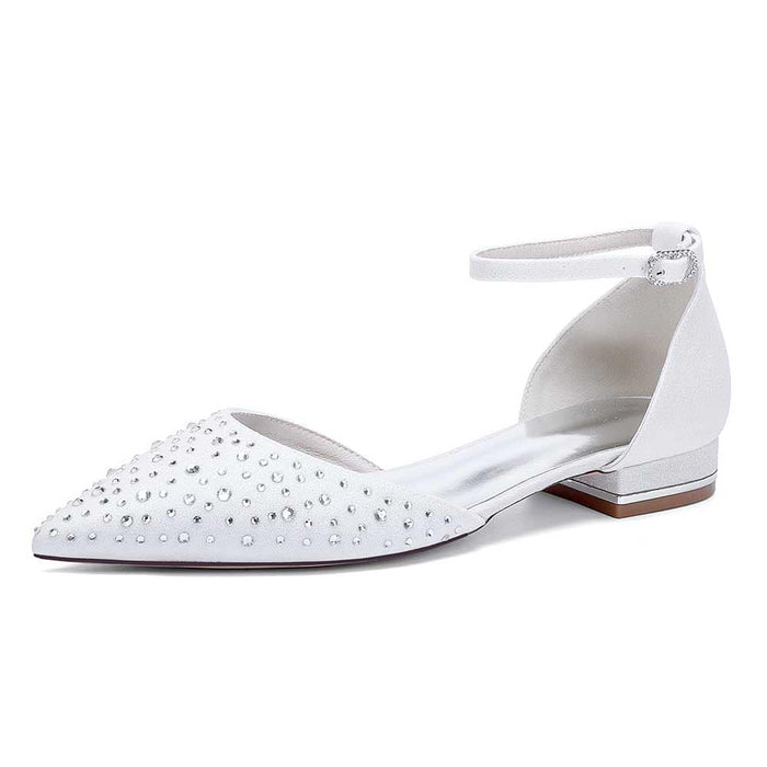 Women Satin Flat Shoes Rhinestones Ballet Flats Sparkle Wedding Shoes