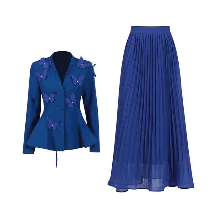 Women's Long Skirt Suit With Flower Embellished Long Sleeve Top and Midi Skirt