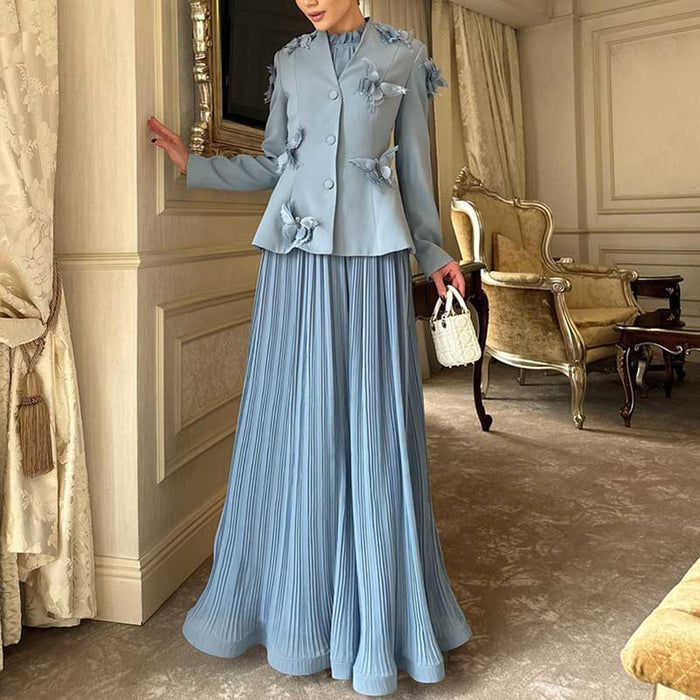 Women's Long Skirt Suit With Flower Embellished Long Sleeve Top and Midi Skirt