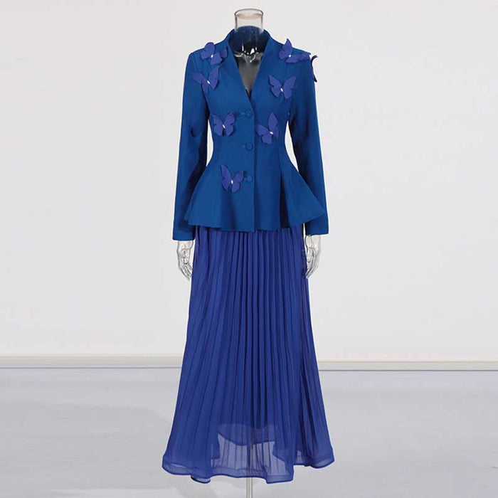 Women's Long Skirt Suit With Flower Embellished Long Sleeve Top and Midi Skirt