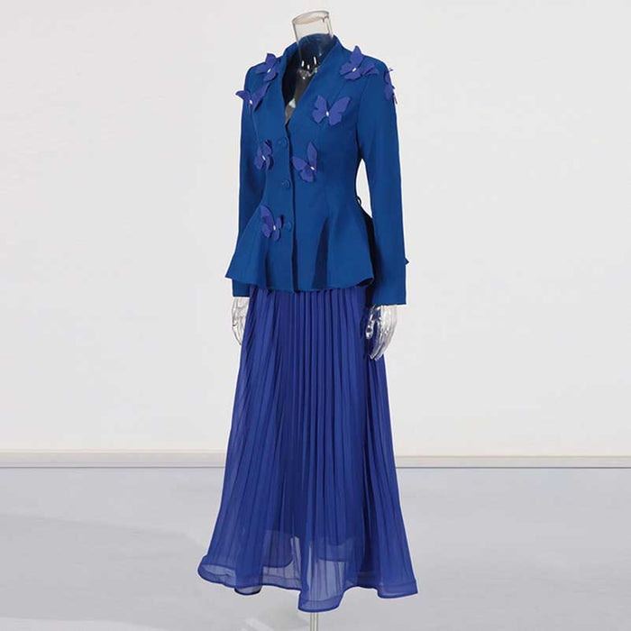 Women's Long Skirt Suit With Flower Embellished Long Sleeve Top and Midi Skirt