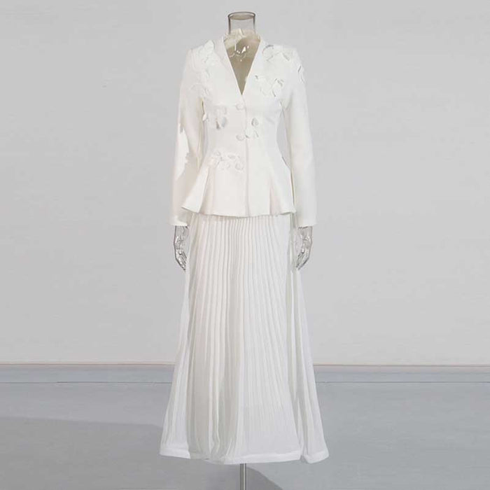 Women's Long Skirt Suit With Flower Embellished Long Sleeve Top and Midi Skirt