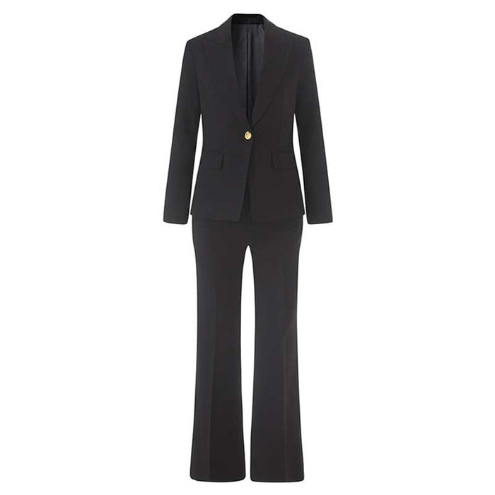 Elegant black ladies tailored pantsuit for events featuring a sleek design with a fitted blazer and flared trousers
