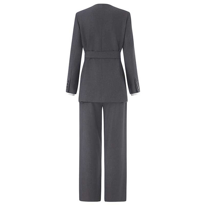 Women's Pantsuit With Belt Formal Event Suit in Black Grey