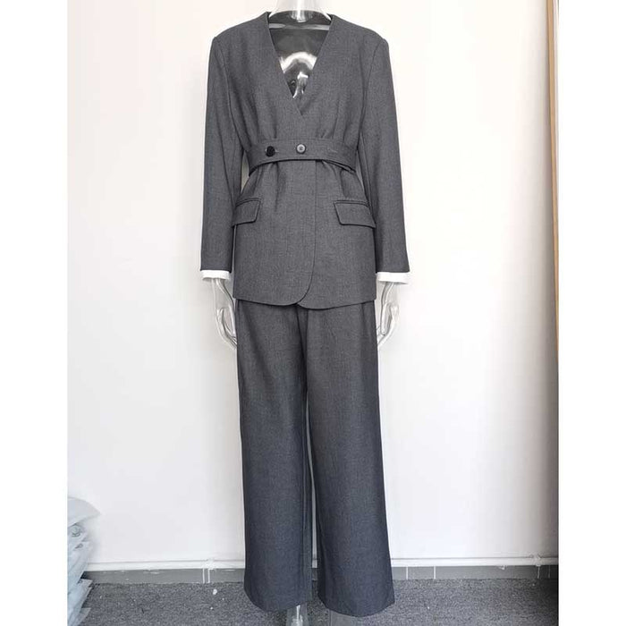 Women's Pantsuit With Belt Formal Event Suit in Black Grey