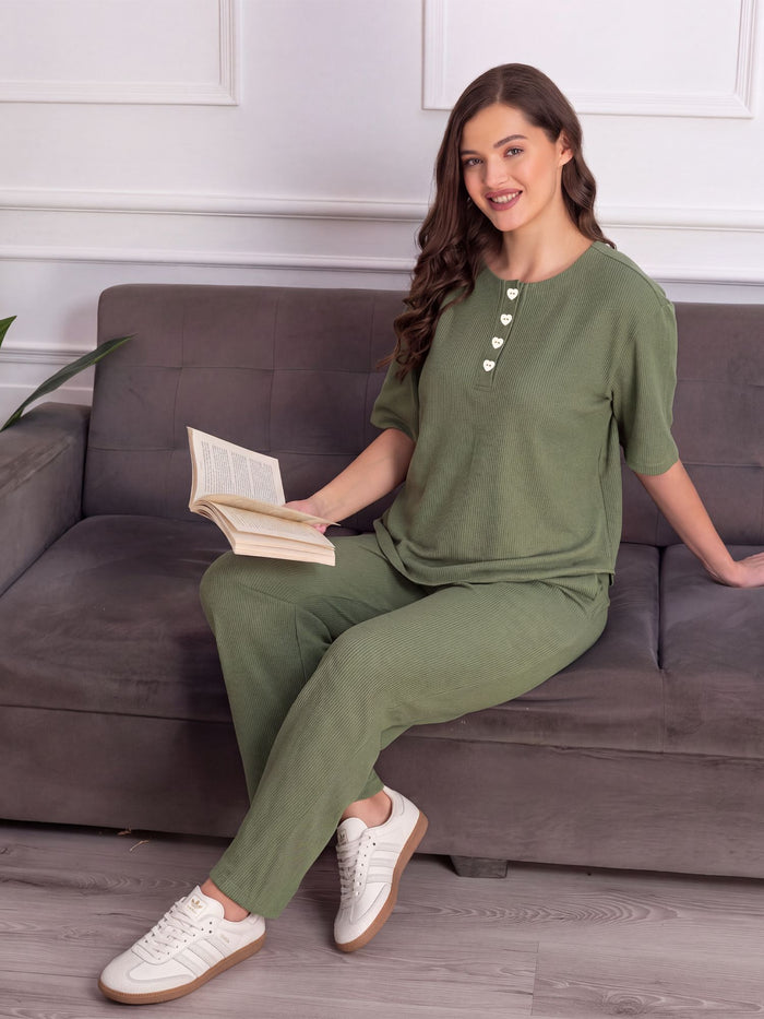 Women’s Premium Green Waffle Pyjama Set